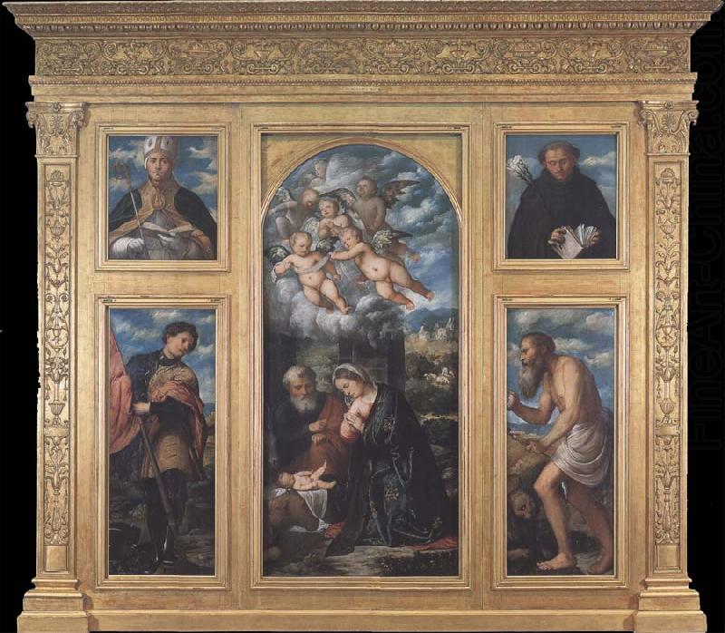 Girolamo Romanino Polyptych of the Nativity,with Saints Alexander,Jerome,Gaudioso and Filippo Benizzi china oil painting image